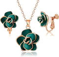Dainty Rose Flower Pendant Necklace Clip On Earrings Set for Women 14K Gold Plated Hypoallergenic Jewelry Sets