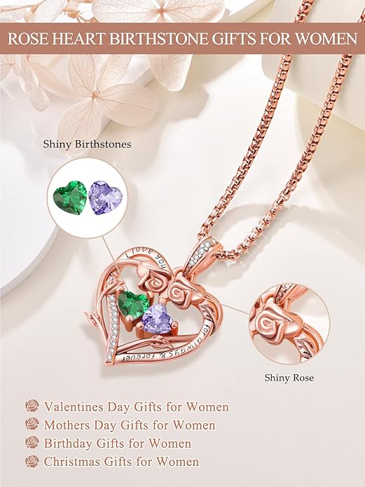 Rose Heart Necklaces for Women, Rose Gold Forever Love Jewelry with 2 Birthstones Pendant,Valentines Anniversarry Birthday Gifts for Her Wife Mom Grandma Daughter, 18+2 Inch Chain