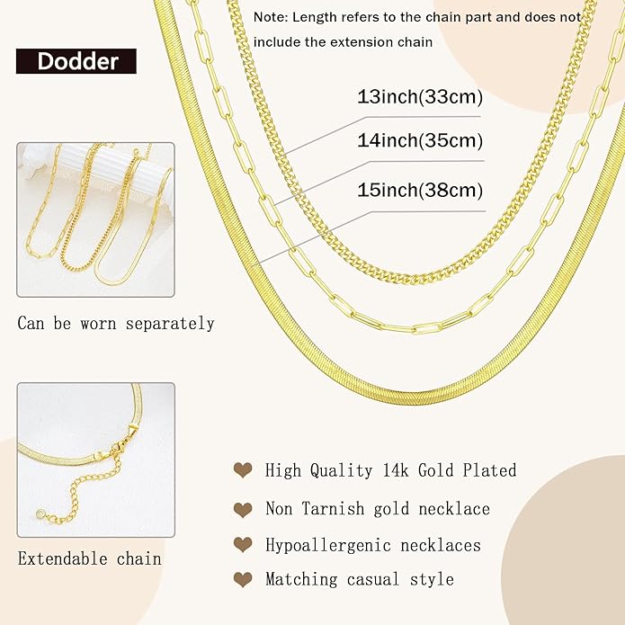 Gold Layered Necklaces for Women, 14K Gold Plated Dainty Gold Chain Choker Necklace Stack, Herringbone Gold Necklaces Set