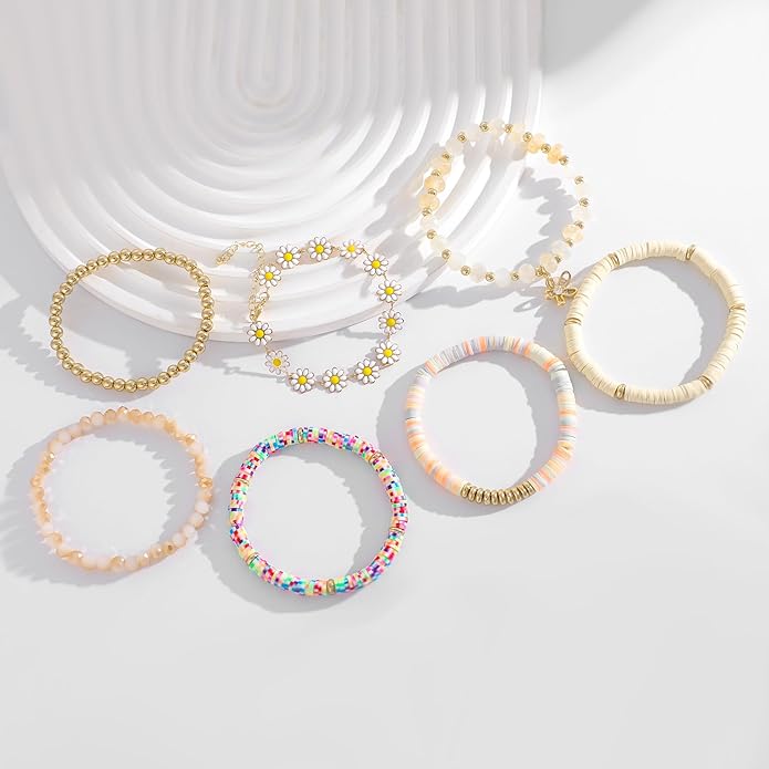 Heishi Beaded Stretch Bracelets for Women Stackable Polymer Clay Beads Bracelets Friendship Boho Summer Beach Bracelet Jewelry Set