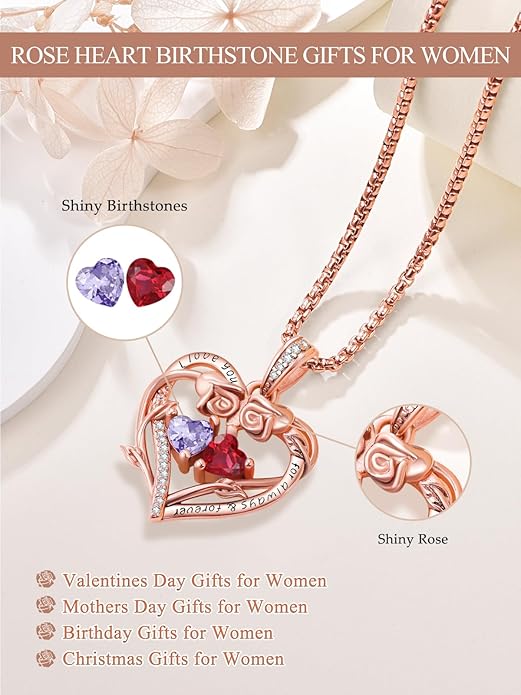 Rose Heart Necklaces for Women, Rose Gold Forever Love Jewelry with 2 Birthstones Pendant,Valentines Anniversarry Birthday Gifts for Her Wife Mom Grandma Daughter, 18+2 Inch Chain