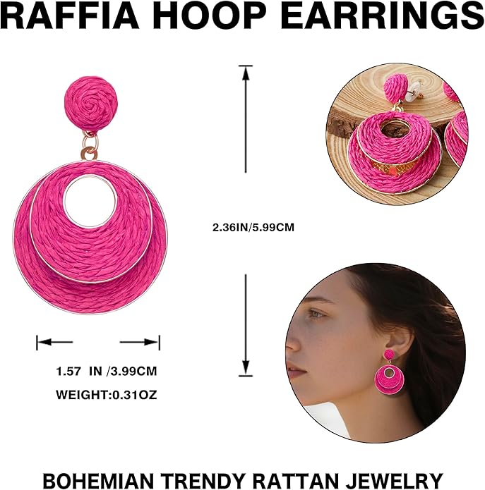Raffia Hoop Earrings for Women - Boho Straw Wiker Dangle Drop Earrings for Summer Beach, Bohemian Trendy Rattan Jewelry