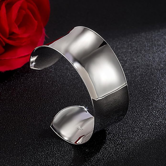 Dankadi Women 925 Sterling Silver Curved Bangle 30MM Wide Grooved Cuff Bangle Shiny Punk Open Bracelet Adjustable Plated 24k Gold/Rose Gold Jewelry Gift
