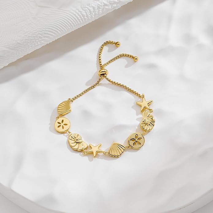 Gold Charm Bracelet for Women Boho Adjustable Shell Starfish Bracelet Summer Beach Ocean Statement Bracelets