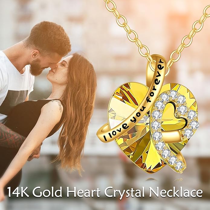 KECHO 14K Real Gold I Love You Forever Necklace Solid Yellow Gold Heart Birthstone Crystal Pendant Jewelry Birthday Mother's Day Anniversary Christmas Gifts for Women