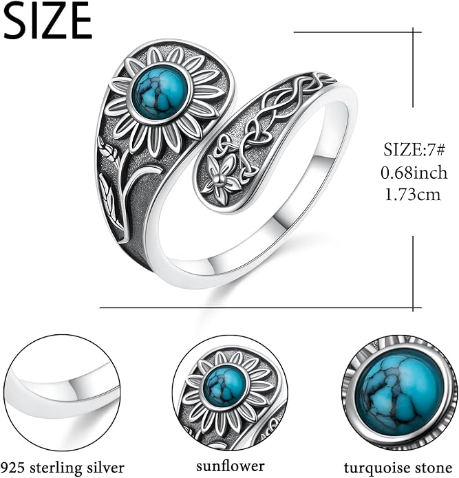 925 Sterling Silver Hummingbird/Sunflower Turquoise/Moonstone/Lily of the Valley Flower Spoon Ring Adjustable Open Ring Statement Thumb Ring Jewelry for Women