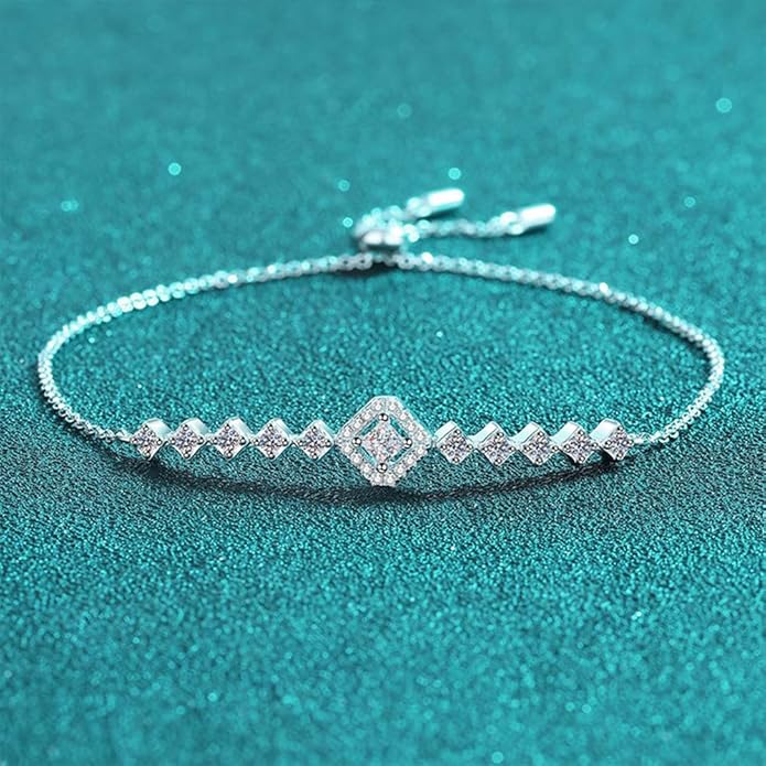 14K White Gold Over S925 Sterling Silver Princess/Round Cut D-color VVS1 Diamond Bracelet, Adjustable Chain with 0.7ct/0.5ct/1ct Diamond, Ideal Surprise for Trendy Women