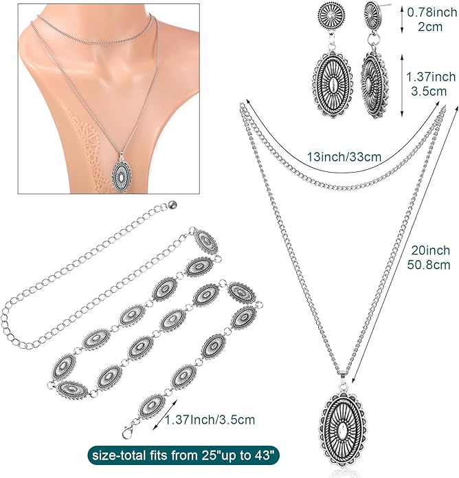 Haysandy 4 Pcs Turquoise Western Jewelry Sets for Women Bohemian Vintage Concho Necklace Classic Dangle Earrings Bracelet Belt