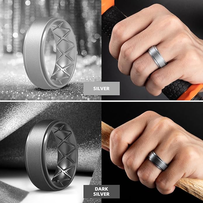 Egnaro Men's Rings 8.5mm Wide-2mm Thick Inner Arc Ergonomic Breathable Rubber Wedding bands-Hypoallergenic for Gym/Outdoor/Gift((1-7 Variety Pack with Half Size)