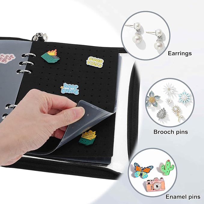 Pin Bag, Portable Pin Display Book, Ideal for Pins, Brooches Storage, Black
