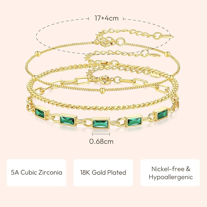 Gold Birthstone Bracelet for Women, 18K Gold Plated Layered Jewelry Bracelet Set, Womens Dainty Stackable Bracelets Link Paperclip Chain Valentines Day Gift for Wife Her