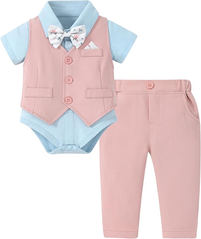 DISAUR Baby Boy Clothes Toddler Boy Outfits 4PCS Gentleman Dress Romper/Vest/Pants/Bow Tie Cotton Suit Sets