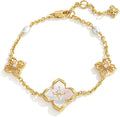 FETERO Gold Bracelets for Women Trendy, Dainty 14K Gold Plated Charm Clover Bracelet 2 Sided Lucky Pendant Cute Pearl Beaded Bracelets Link Chain Waterproof Womens Jewelry Gifts