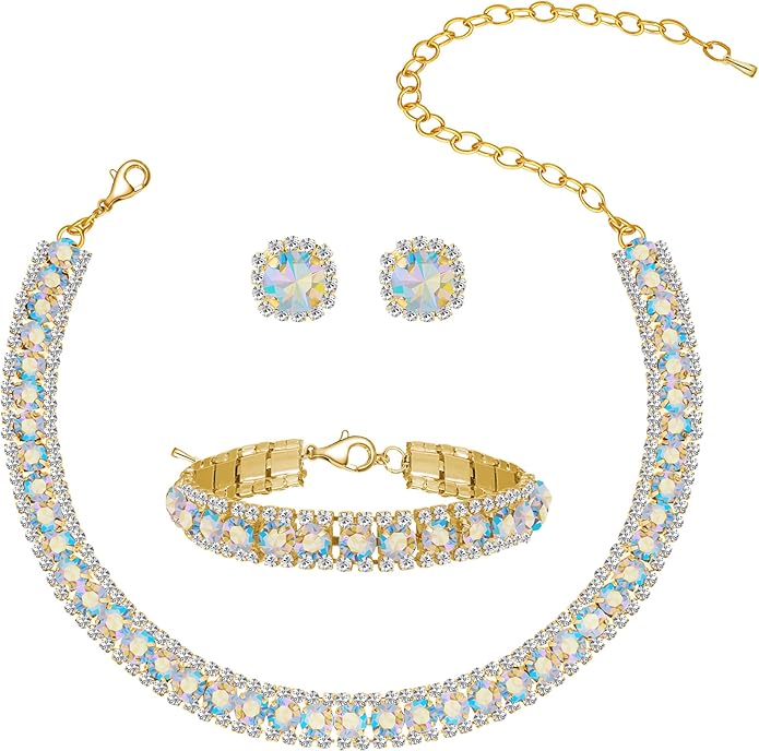 Women Rhinestone Crystal Jewelry Set Crystal Tennis Design Rhinestone Choker Necklace Link Bracelet Teardrop Earrings Set Wedding Bridal Bridesmaids Party