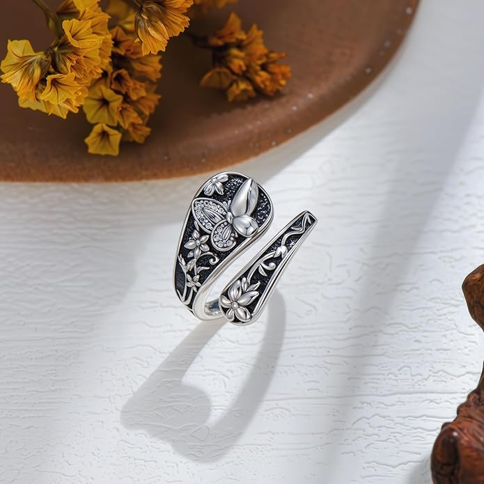 LOANGO Spoon Ring for Women 925 Sterling Silver Spoon Rings Adjustable Oxidized Vintage Thumb Rings Sunflower Hummingbird Butterfly Bee Cardinal Jewelry Gifts for Women Men