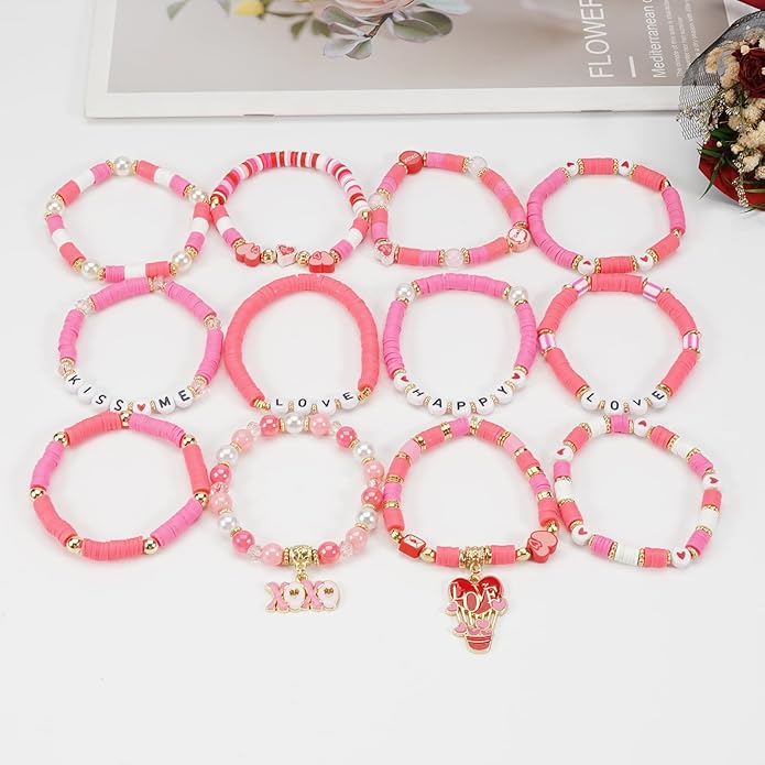 Beaded Bracelet for Women Pink Love Heart Stretch Bracelets Accessories