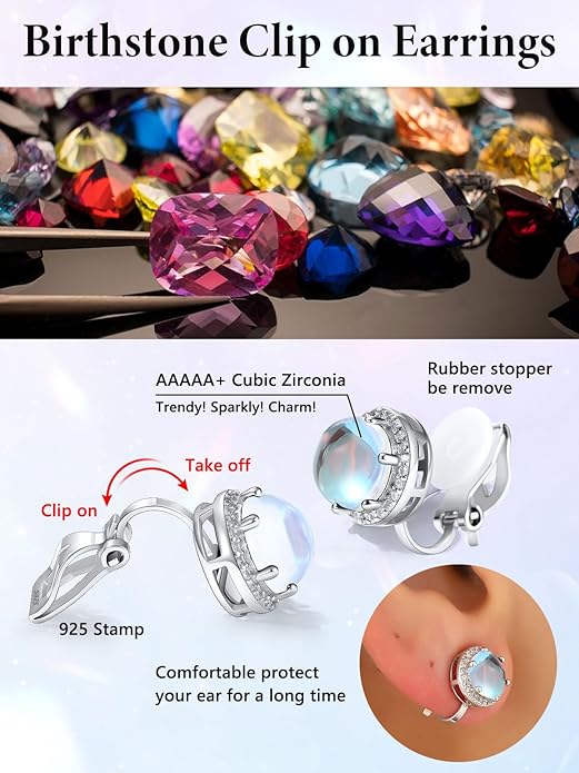 Silvora 925 Silver 8MM Cubic Zirconia Birthstone Clip On Stud Earrings Round Non Pierced Earrings For Women,Come with Box