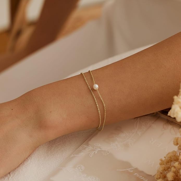 SLOONG Valentines Day Gifts for Her Gold Pearl Bracelets, 18K Real Gold Plated Dainty Stackable Snake Chain CZ Heart Pendant Bracelets, Layered Waterproof Jewelry Gift for Women Adjustable 6"+2"