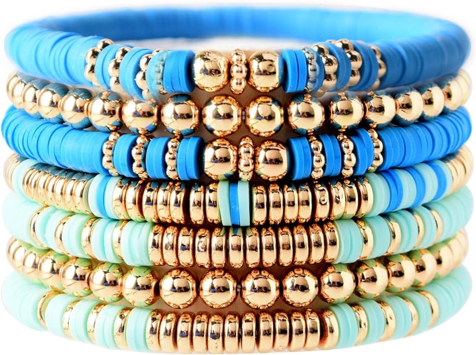 GOOJIDS Surfer Heishi Clay Bead Bracelets for Women Bohemian Stackable Gold Plated Beaded Stretch Bracelets Elastic Layering Friendship Bracelets Set Boho Jewelry