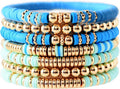 GOOJIDS Surfer Heishi Clay Bead Bracelets for Women Bohemian Stackable Gold Plated Beaded Stretch Bracelets Elastic Layering Friendship Bracelets Set Boho Jewelry