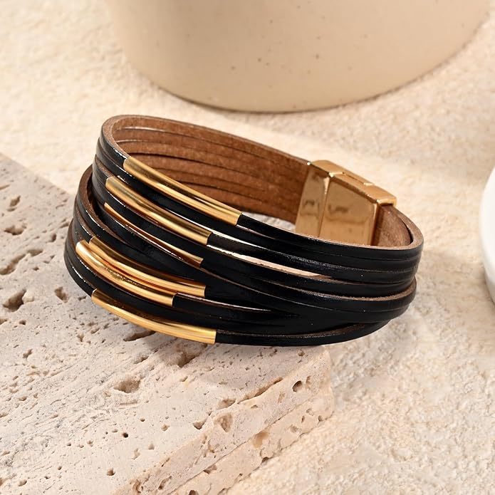 Wrapped Bracelets for Women,Leather Bracelet,Boho Bracelets for Women,Multi-Layer Pearl Crystal Bracelet Bangle Jewelry