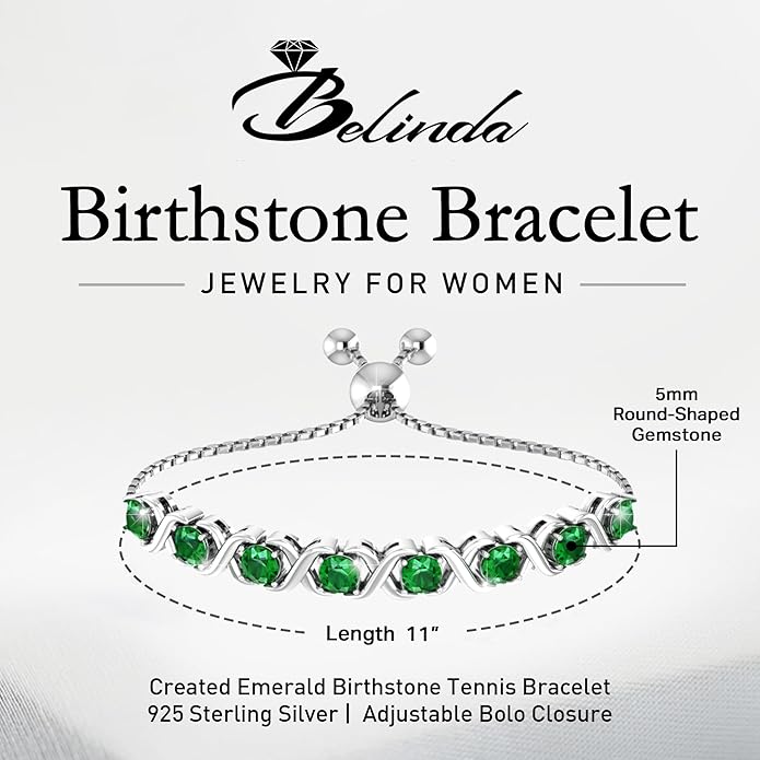 Birthstone Bangle Bracelet for Women Classic Beautiful 925 Sterling Silver Sparkling Gemstone XO Bolo Tennis Bracelet Fine Wrist Jewelry 4.2 Ct, 11"