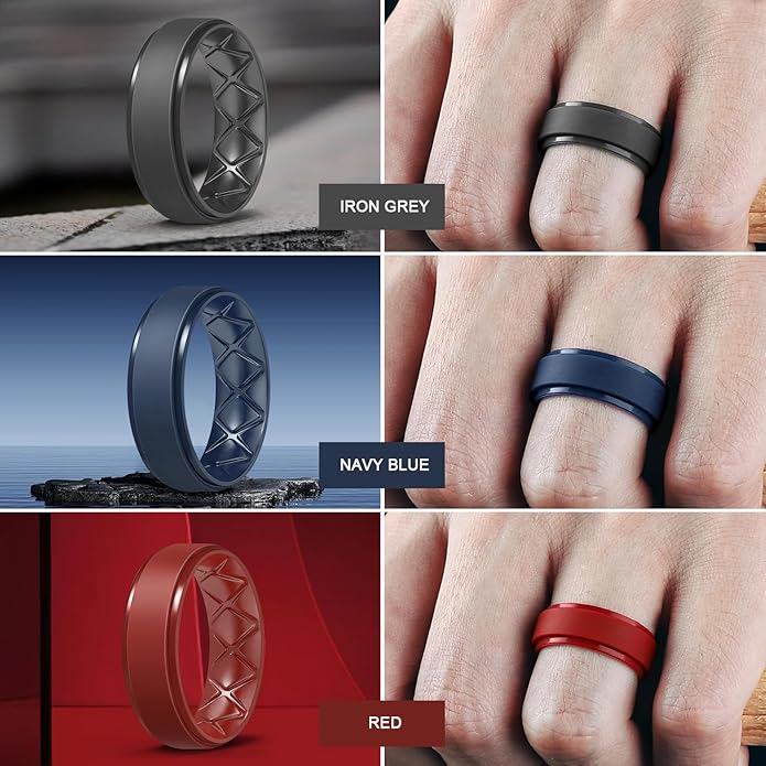 Egnaro Men's Rings 8.5mm Wide-2mm Thick Inner Arc Ergonomic Breathable Rubber Wedding bands-Hypoallergenic for Gym/Outdoor/Gift((1-7 Variety Pack with Half Size)