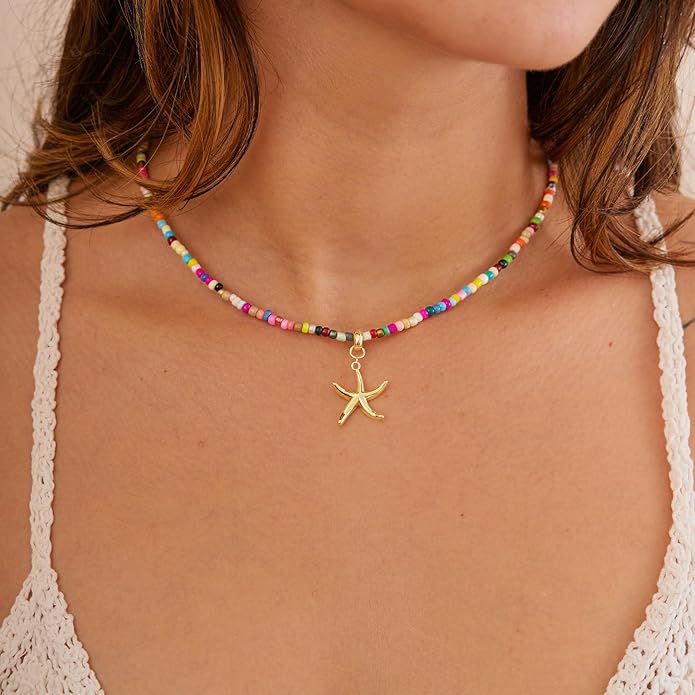 VRIUA Colorful Beaded Necklaces for Women – Summer Beach Boho Starfish, Conch, Shell, Pearl, Palm tree Pendant Necklace Jewelry