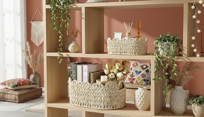 Coeusy Wicker Scalloped Basket Set of 2, Woven Storage Baskets - Image 8