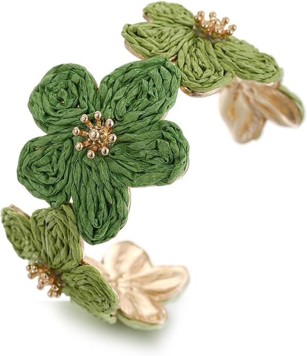 Raffia Flower Cuff Bracelet for Women, Floral Chunky Bangle Wide Open Cuff Statement Bracelet
