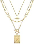 MJartoria Layered Initial Necklaces for Women Trendy, 14K Gold Plated Brass Simple Star Choker Square Letter Pendant Necklace, Paperclip Chain Necklaces Jewelry Gifts