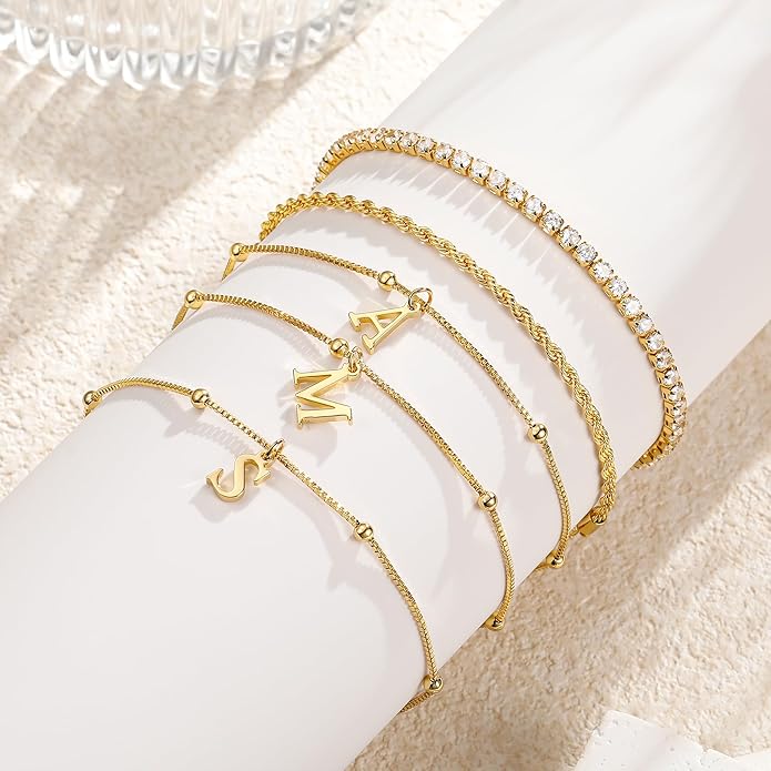 Valentines Day Gifts for Her Kids - Dainty Gold Bracelets for Women Personalized Gold/Silver Initial Bracelet Stack Stackable Rope Box Chain Tennis Bracelets for Girls Jewelry Set