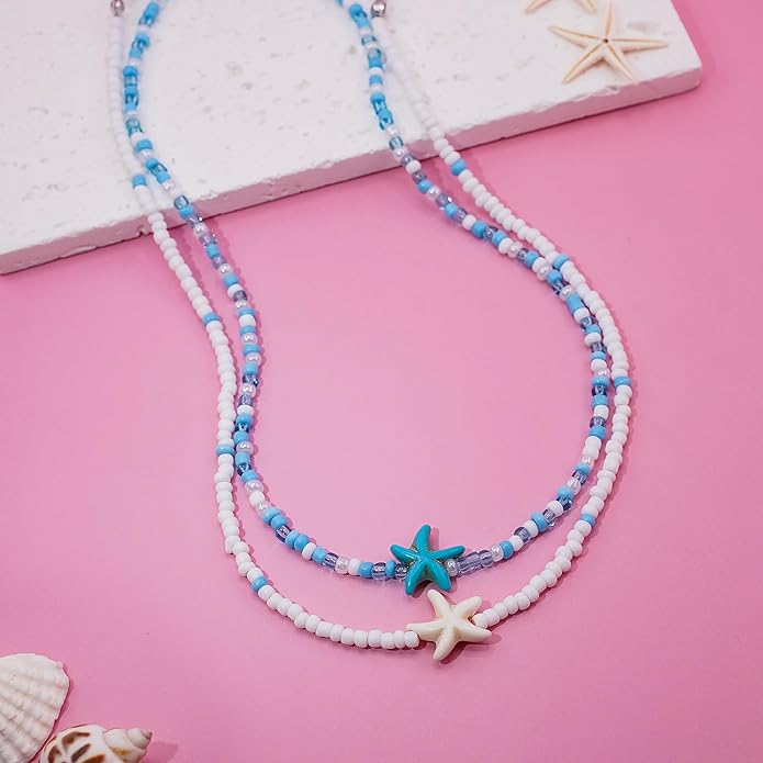 Women's Shell Starfish Boho Layered Beaded Necklace Choker for Summer Beach Vacation Gifts for Birthday/Anniversary/Christmas