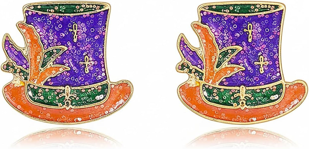 MardiGras Stud Earrings for Women Glitter Delicate Compact Flower Mask Hat Lips Stud Earring Charm Green Purple Gold Carnival Earring Cute MardiGras Jewelry Accessories for Women