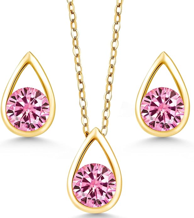 Gem Stone King 18K Yellow Gold Plated Silver 5MM Round Gemstone Birthstone Teardrop Pendant Earrings Set | Jewelry Set for Women | With 18 Inch Chain