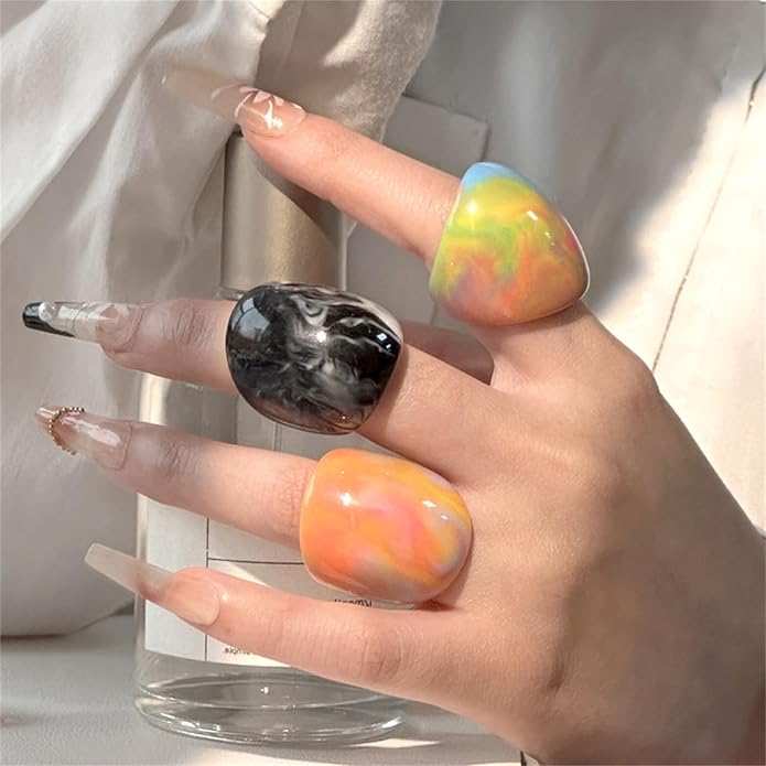 PINK TOWN Resin Chunky Ring, Multicolor Acrylic Stackable Rings Set Vintage Plastic Knuckle Rings Aesthetic Y2k Statement Rings Thick Dome Finger Joint Ring for Women