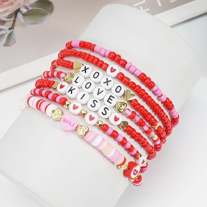 Beaded Bracelet for Women Pink Love Heart Stretch Bracelets Accessories