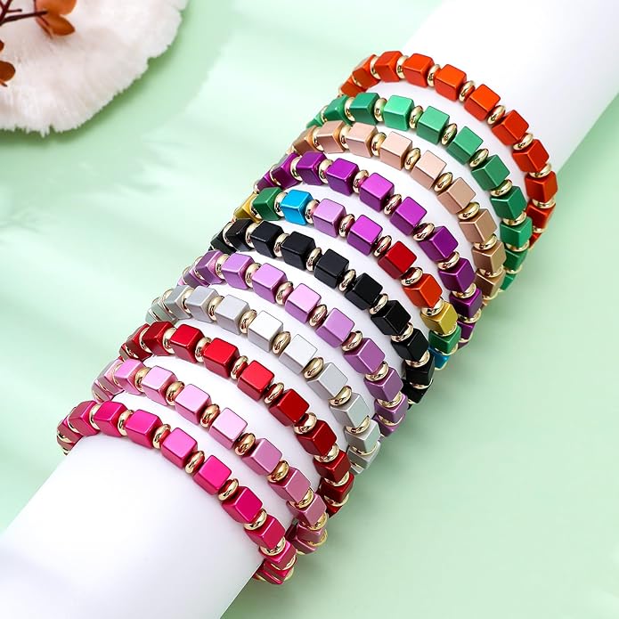 Beaded Bracelet for Women and Girl, Colorful Beach Boho Gems Bracelet 14K Gold Plated Stackable Handmade Bohemian Multicolor Natural Stone Bracelet