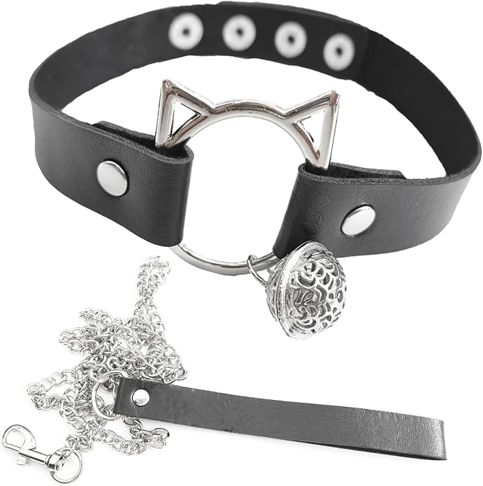 Gothic Heart Pendant Choker Necklace with Chain, Black Leather Collar, Silver Metal Hardware