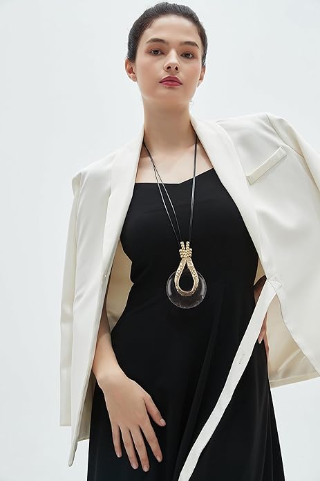 GelConnie Leather Necklace for Women Large Pendant Long Brown Necklace Circle Leather Choker Vintage Sweater Necklace Gold Chunky Boho Necklaces for Women