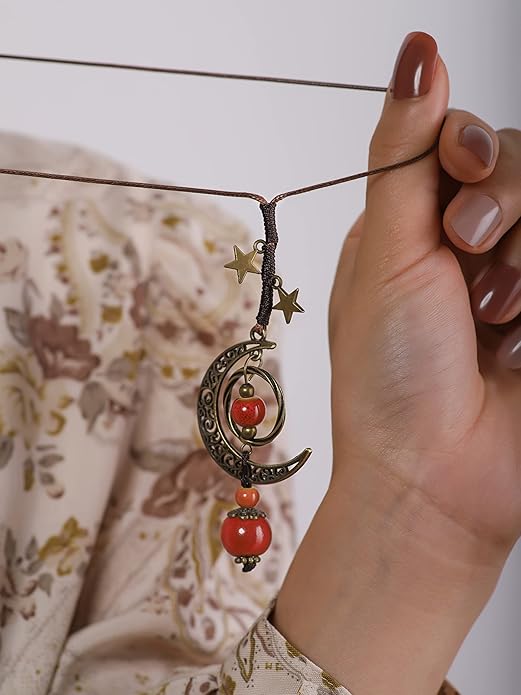 MINACHI Vintage Bohemian Hippie Ceramic Beads Crescent Moon Lariat Necklace, Boho Hippie Statement Jewelry Gift for Women
