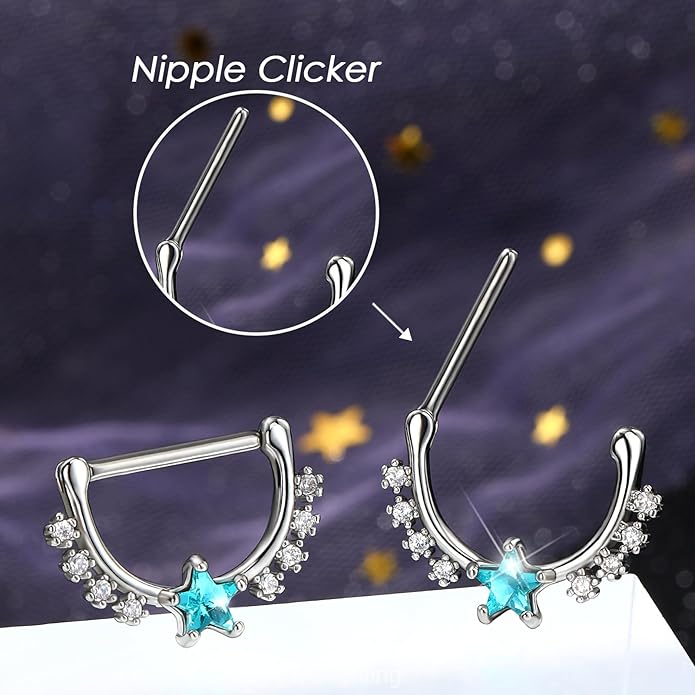 Melighting 14G Star Nipple Rings Steel 316L Nipple Piercing Jewelry Clear CZ Nipple Bars Clicker Nipple Barbell For Women Men 14mm