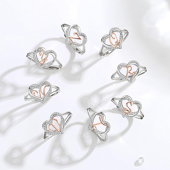 INFUSEU 925 Sterling Silver Initial Heart Ring for Women Girls, Adjustable Size