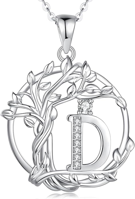 FANCIME Tree of life Initial necklaces for women, Sterling Silver Tree Jewelry Simulated Diamond Letter Pendant Cubic Zirconia CZ Personalized Birthday Mothers Day Gifts for Mom Wife Her