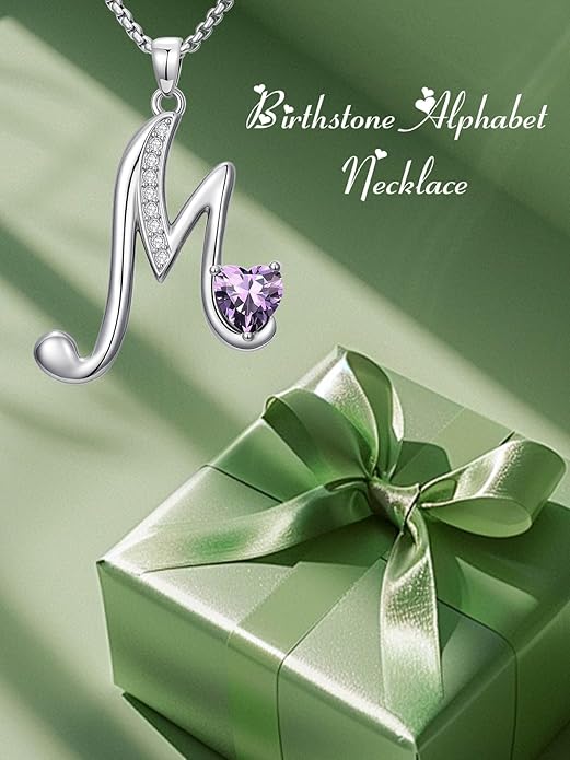 Valentines Day Gifts for Women Alphabet A to Z Initial Birthstone Pendant Necklaces for Women - 18k White Gold Plated Personalized Name Jewelry Valentine Mothers Day Birthday Gifts for Women Her Girlfriend