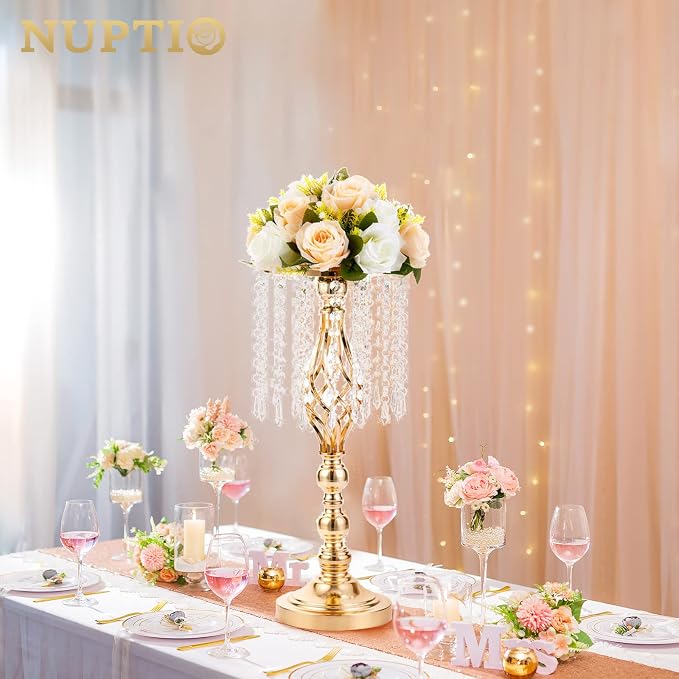 2 Pcs 19.3 inches Gold Tall Crystal Flower Stand and Holders Centerpiece - Image 3