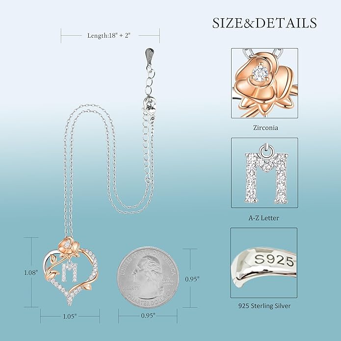 Valentines Day Gifts Rose Heart Letter Initial Necklace for Women, S925 Sterling Silver Pendant Necklace Adjustable Dainty Rose Flower Jewelry Gift for Her