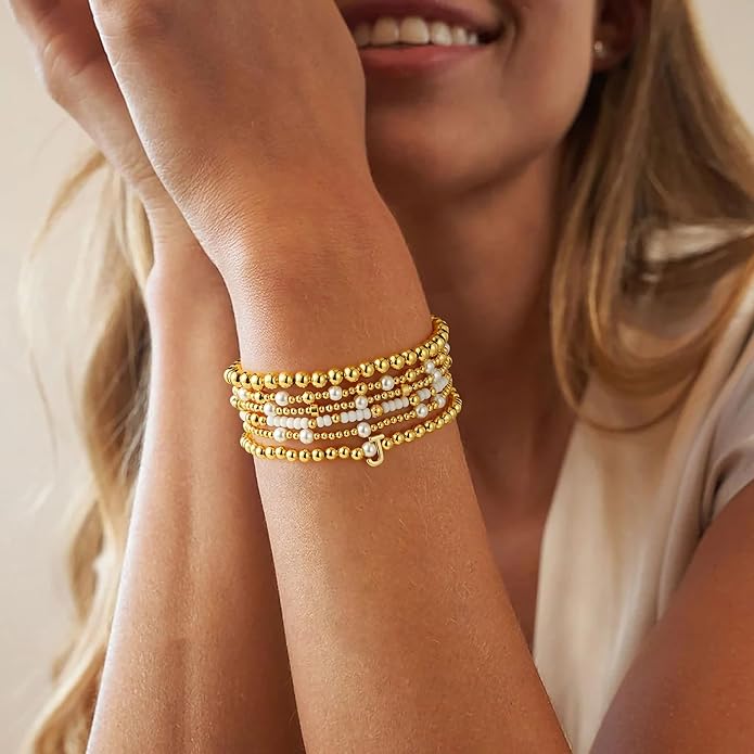 Turandoss 6PCS Beaded Initial Bracelets for Women Girls Valentines Day Gifts - 18K Gold Plated Beaded Initial Letter Bracelet Initial A-Z Stretch Bead Stackable Bracelet Valentines Day Gifts for Her