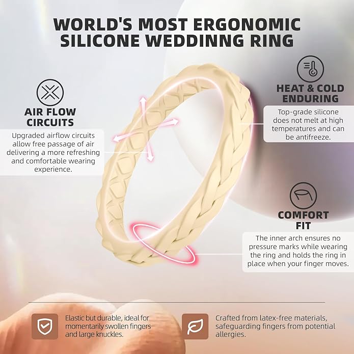 Egnaro Women's Wedding Bands, Silicone Thin and Stackable Rubber Engagement Ring, Variety Multipack With Breathable Grooves Workout Accessories