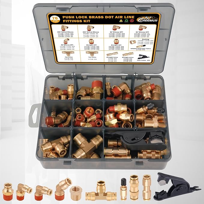 CheeMuii 76 Pcs Brass DOT Air Line Fittings Kit DOT Push to Connect Fitting | - Image 9